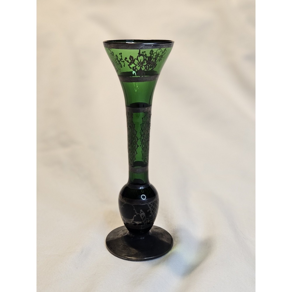 Bohemian Emerald Green Glass Silver Overlay Bud or Weed‎ Vase - Beautiful